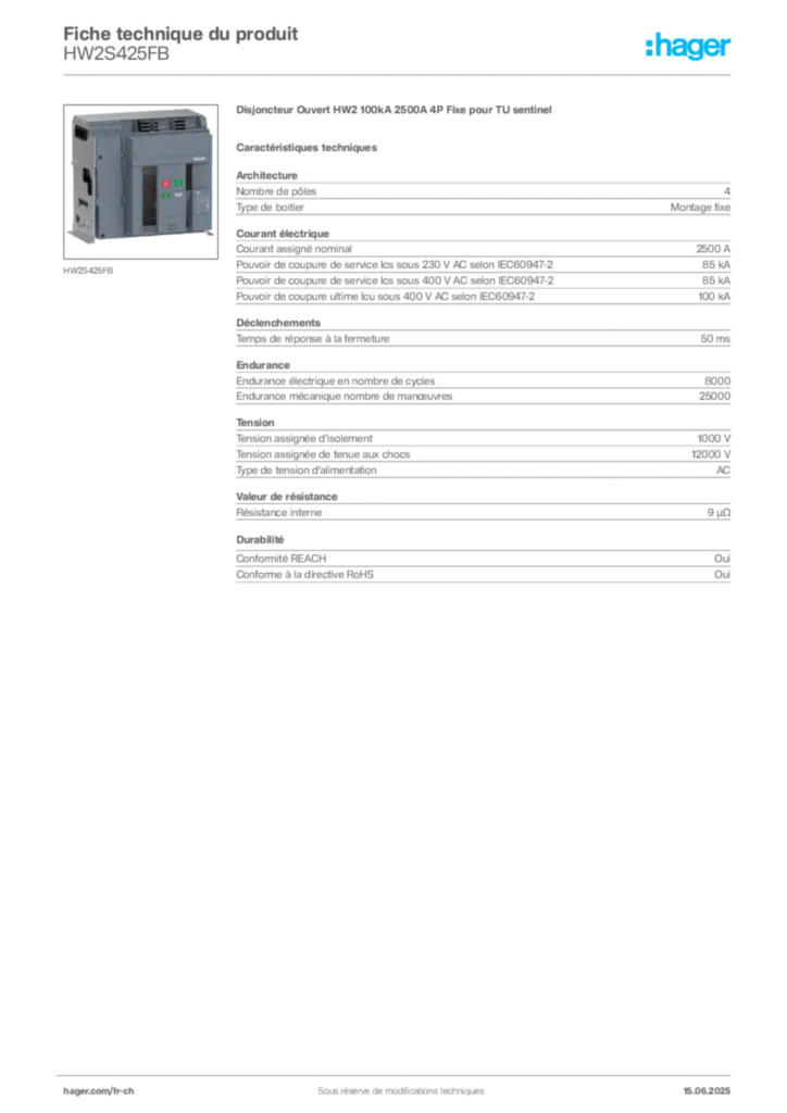 Image Hager Fiche technique du produit HW2S425FB | Hager Suisse