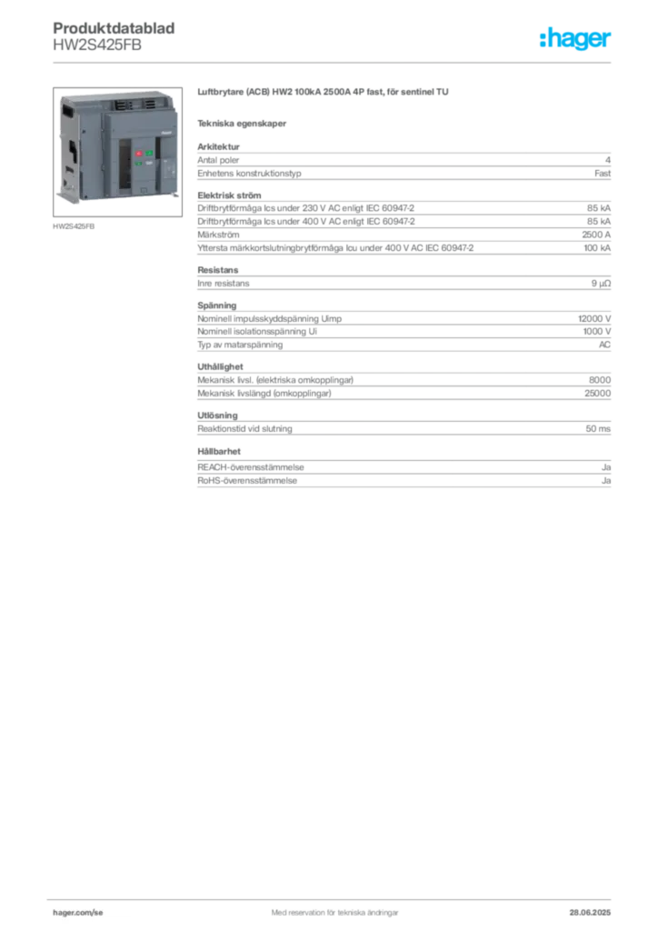 Bild Hager Produktdatablad HW2S425FB | Hager Sverige