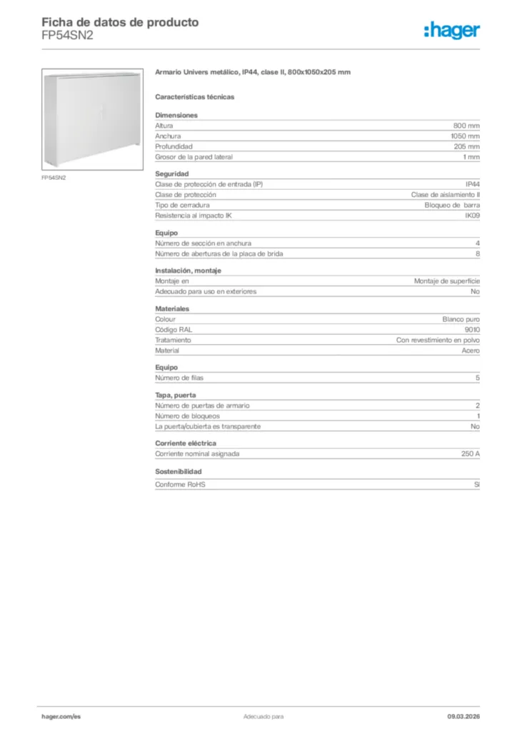 Imagen Hager Ficha de datos de producto FP54SN2 | Hager España