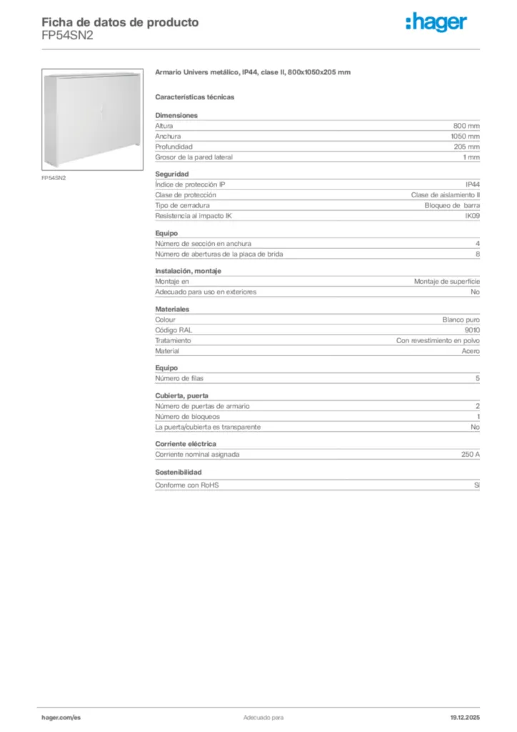 Imagen Hager Ficha de datos de producto FP54SN2 | Hager España