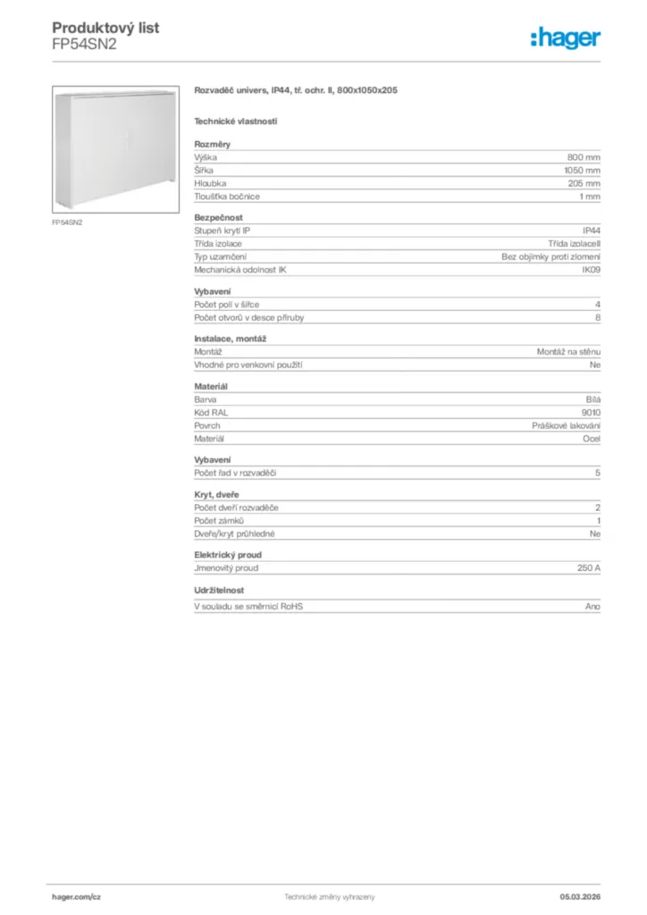 Obrázek Hager Product data sheet FP54SN2 | Hager