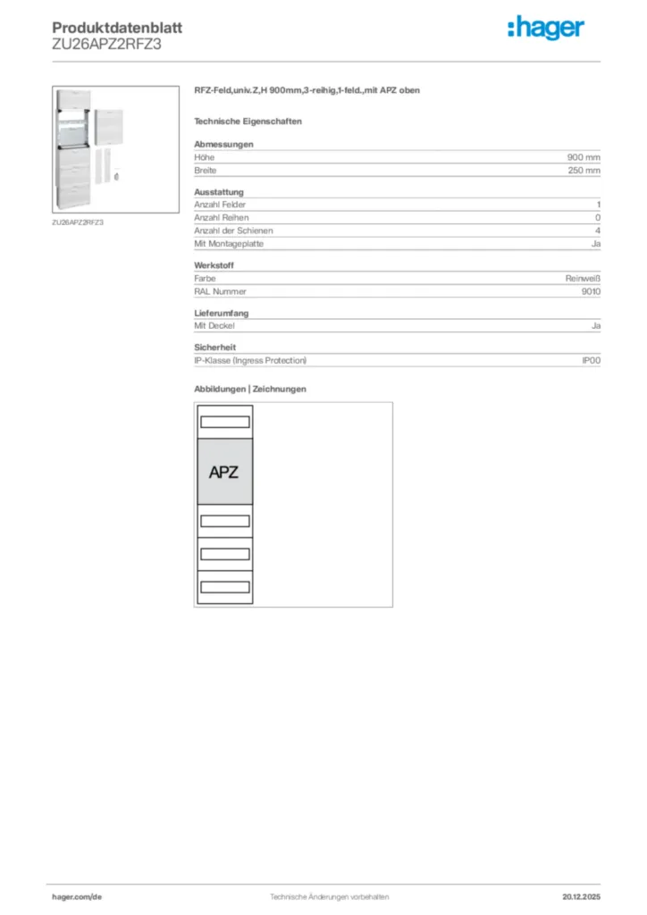 Bild Hager Produktdatenblatt ZU26APZ2RFZ3 | Hager Deutschland