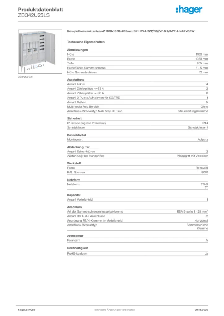 Bild Hager Produktdatenblatt ZB342U25LS | Hager Deutschland