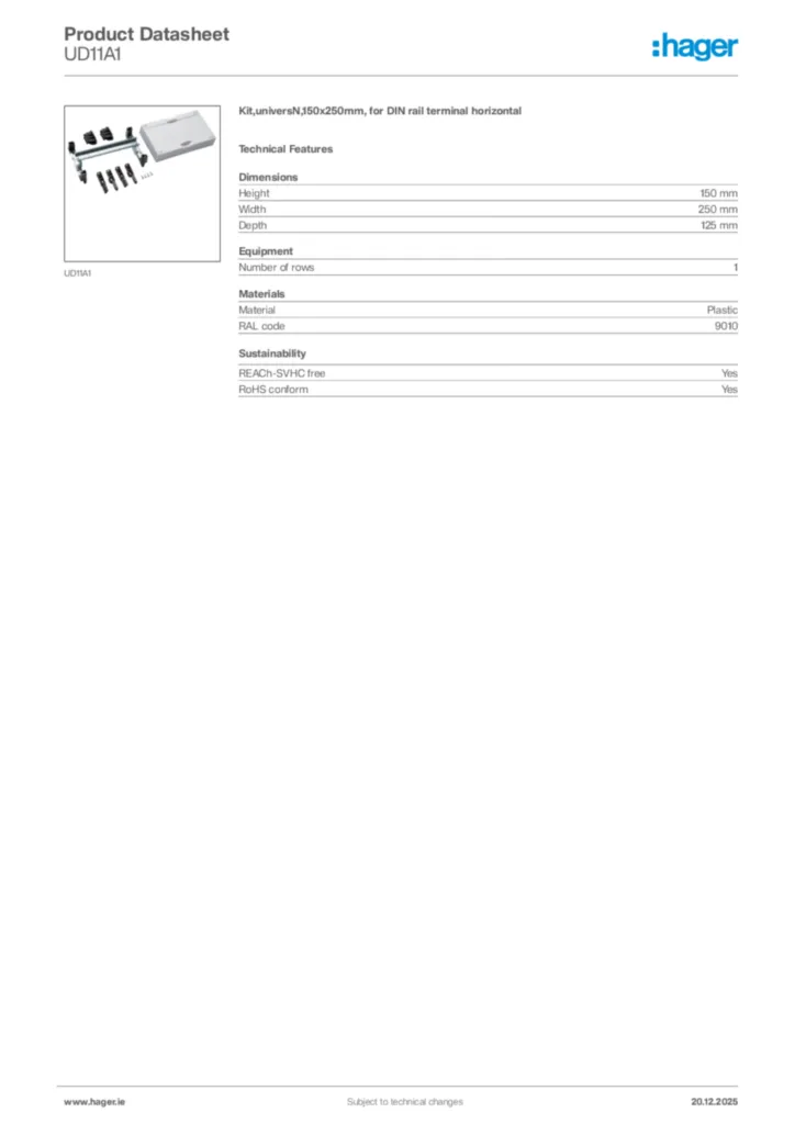 Image Hager Product data sheet UD11A1  | Hager