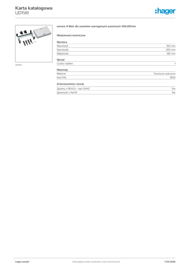 Zdjęcie Hager Karta katalogowa UD11A1 | Hager Polska