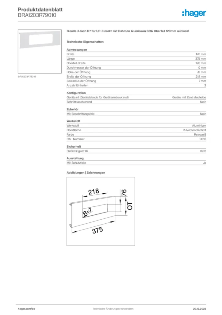 Bild Hager Produktdatenblatt BRA1203R79010 | Hager Deutschland