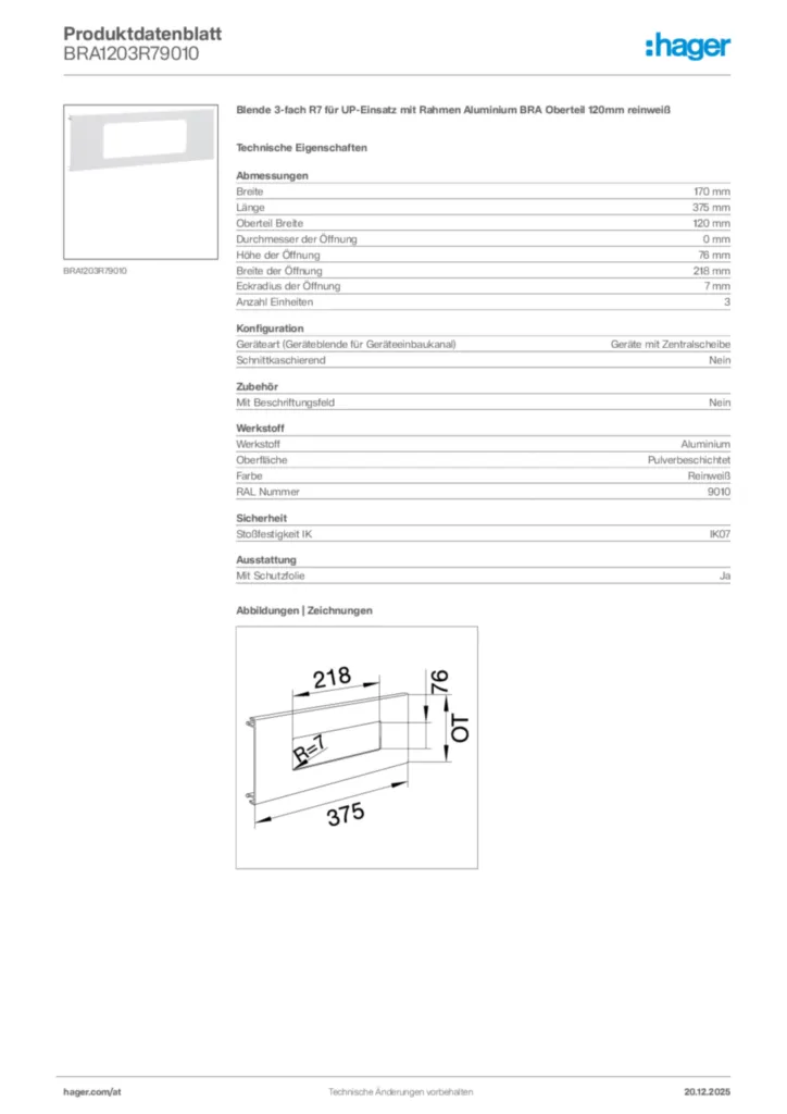 Bild Hager Produktdatenblatt BRA1203R79010 | Hager Deutschland