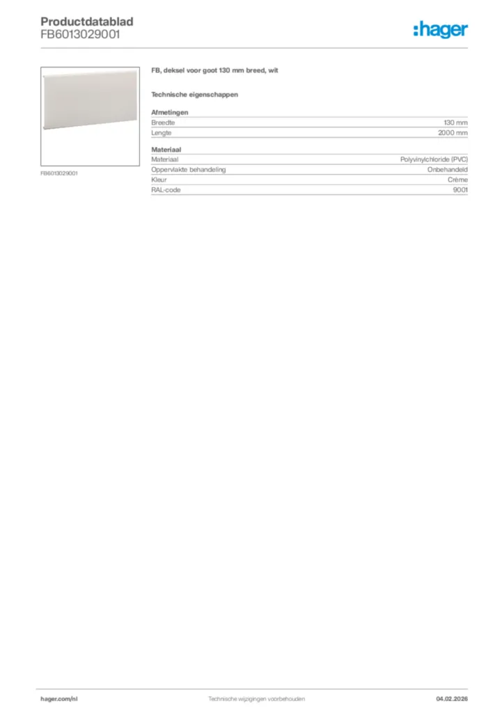 Afbeelding Hager Productdatablad FB6013029001 | Hager Nederland