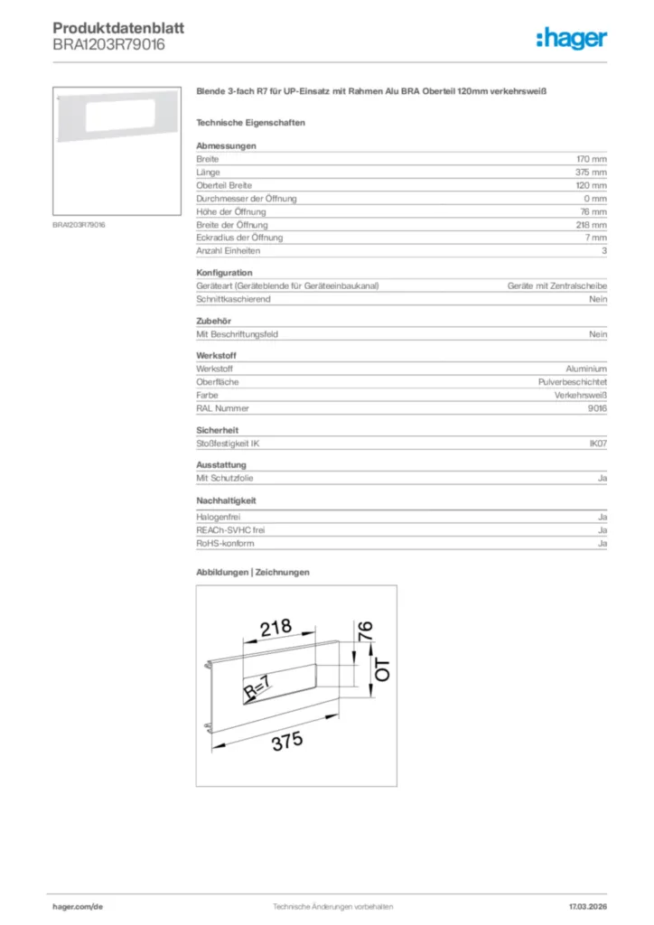 Bild Hager Produktdatenblatt BRA1203R79016 | Hager Deutschland
