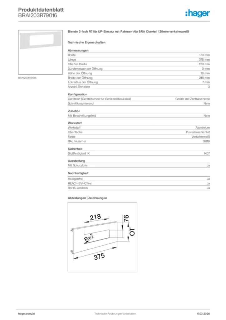 Bild Hager Produktdatenblatt BRA1203R79016 | Hager Deutschland