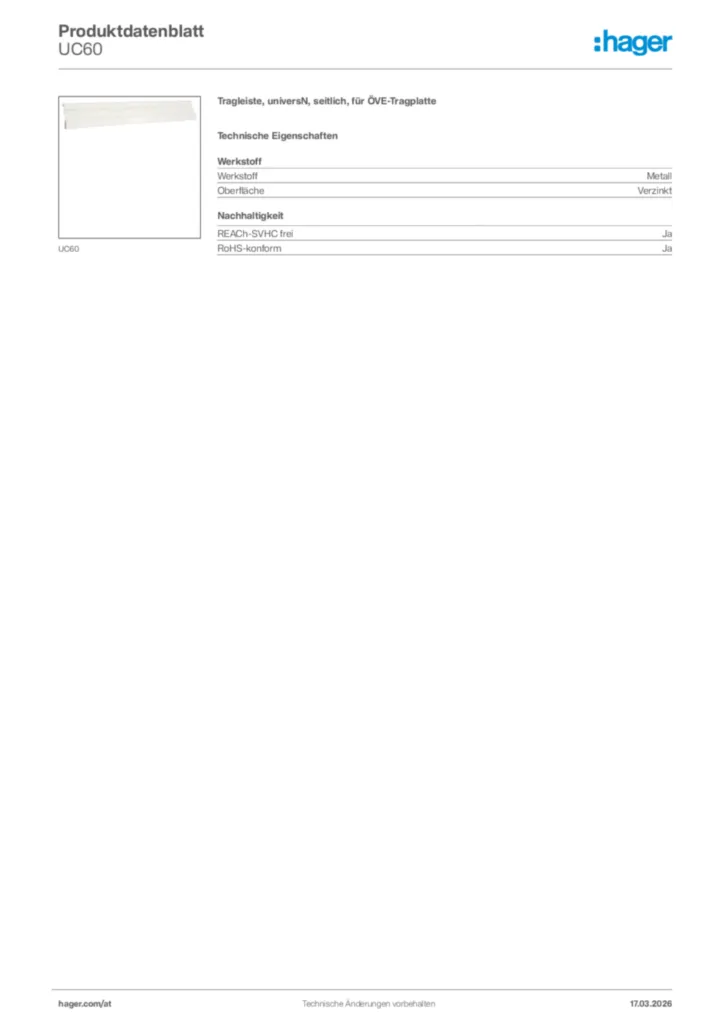 Bild Hager Produktdatenblatt UC60 | Hager Deutschland
