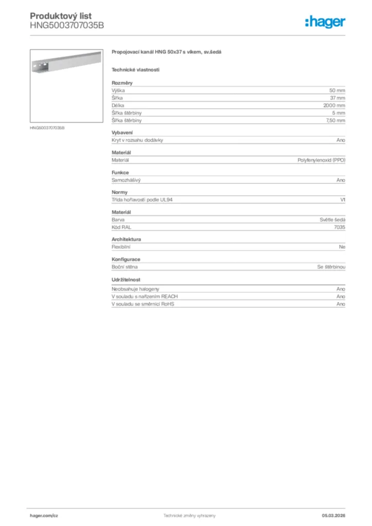 Obrázek Hager Product data sheet HNG5003707035B | Hager