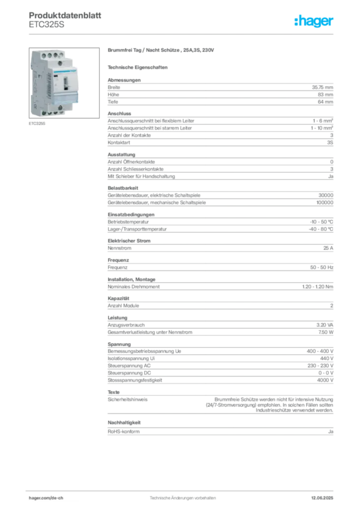 Bild Hager Produktdatenblatt ETC325S | Hager Schweiz
