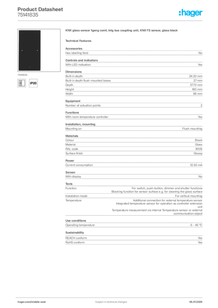 Image Hager Product data sheet 75141835  | Hager