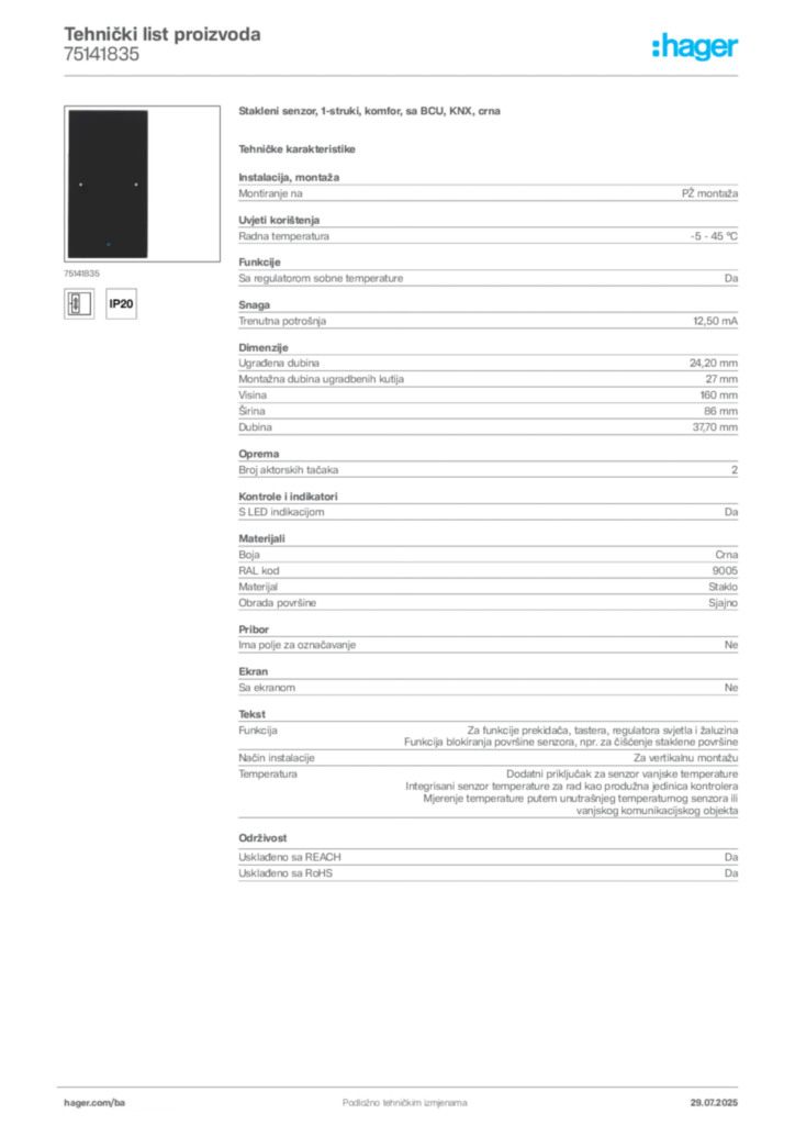 Slika Hager Product data sheet 75141835  | Hager