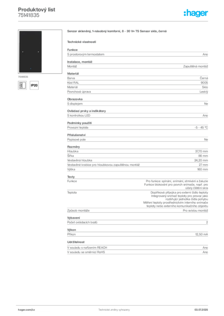 Obrázek Hager Produktový list 75141835 | Hager