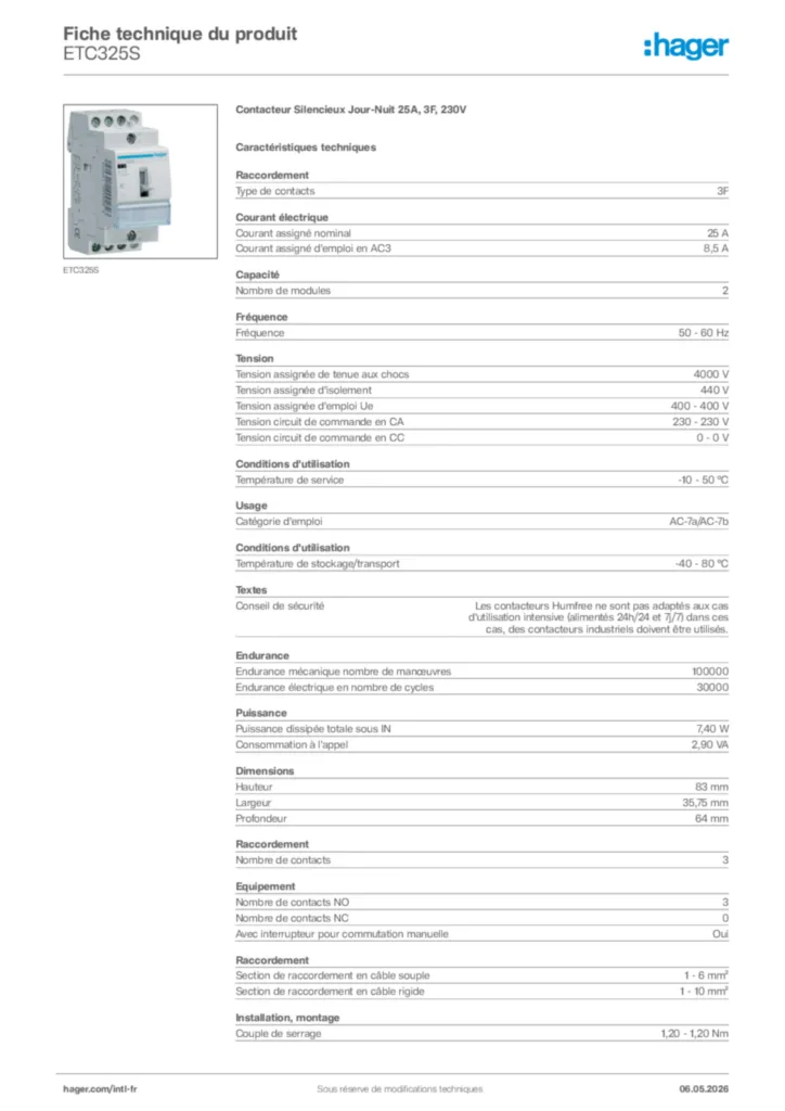 Image Hager Fiche technique du produit ETC325S | Hager Afrique