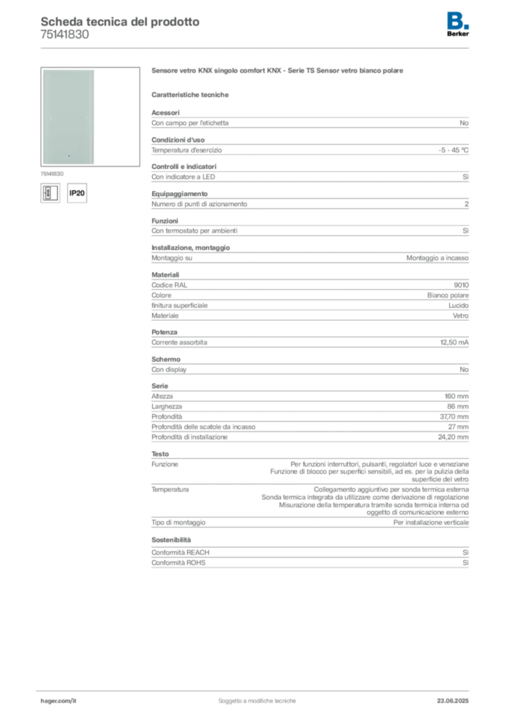 Immagine Berker Scheda tecnica del prodotto 75141830 | Hager Italia