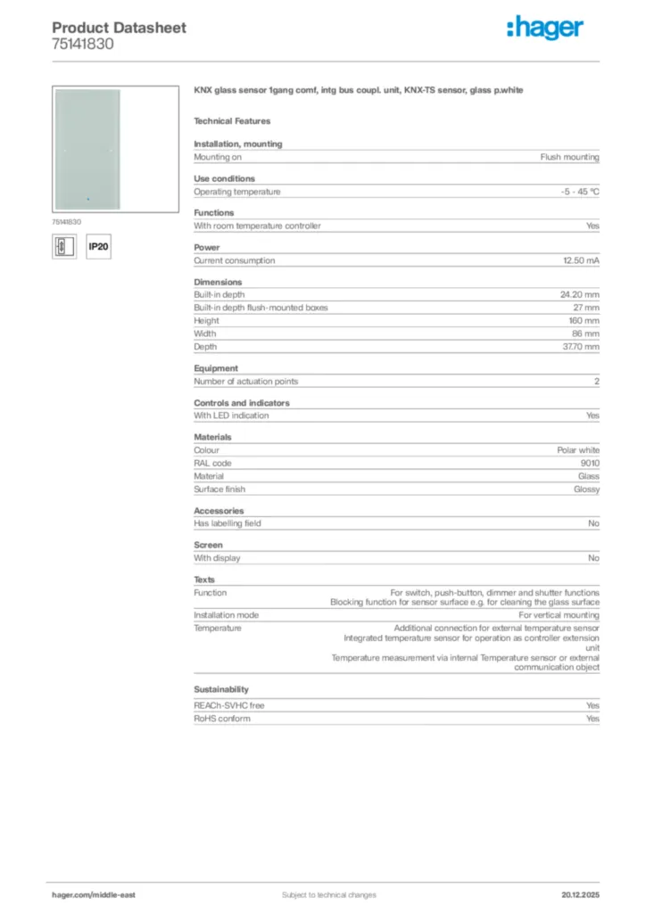 Image Hager Product data sheet 75141830  | Hager