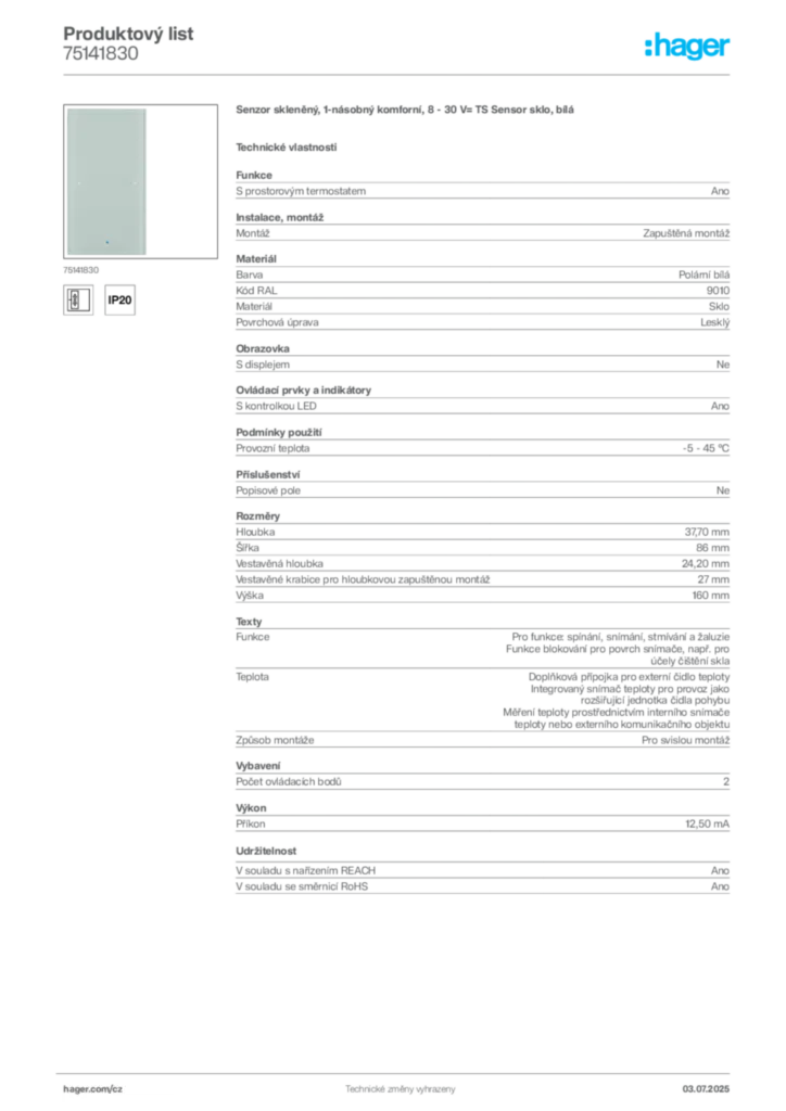 Obrázek Hager Produktový list 75141830 | Hager