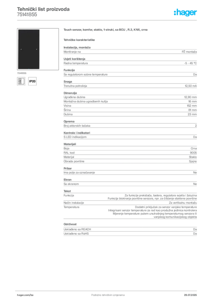 Slika Hager Product data sheet 75141855  | Hager