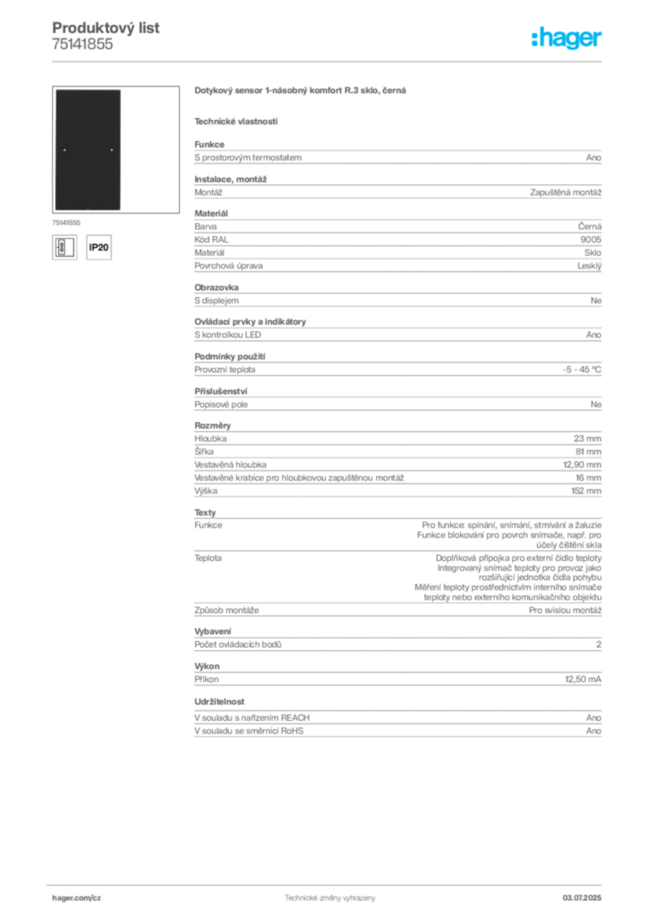 Obrázek Hager Produktový list 75141855 | Hager