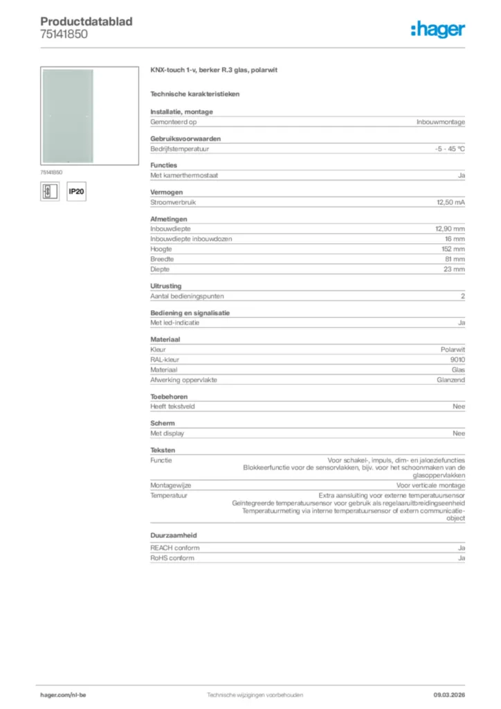 Afbeelding Hager Productdatablad 75141850 | Hager Belgium