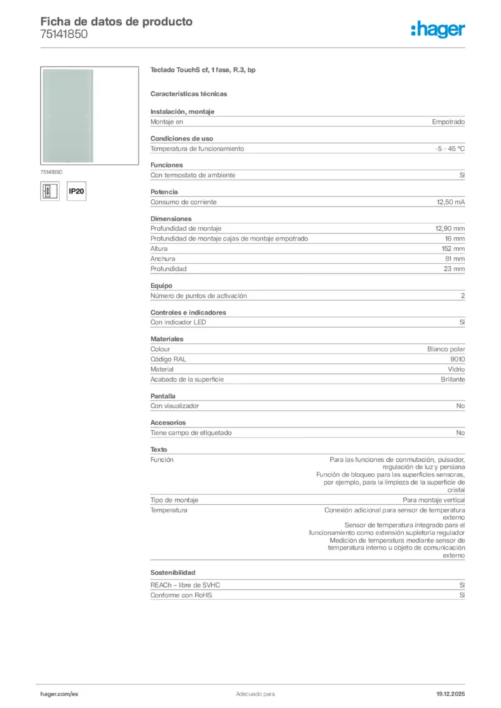 Imagen Hager Ficha de datos de producto 75141850 | Hager España