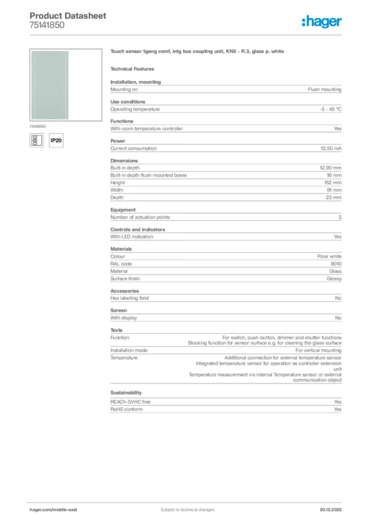 Image Hager Product data sheet 75141850  | Hager