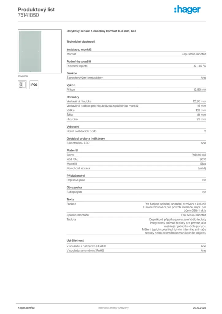 Obrázek Hager Produktový list 75141850 | Hager