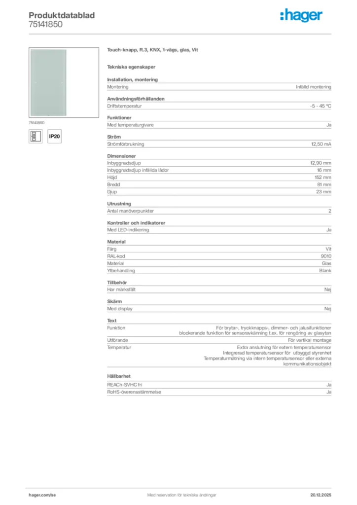 Bild Hager Produktdatablad 75141850 | Hager Sverige