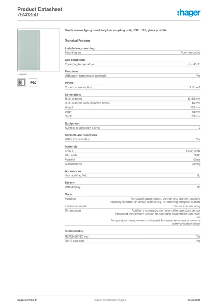 Image Hager Product data sheet 75141850  | Hager