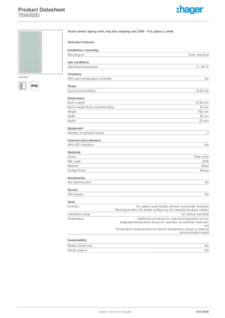 Image Hager Product data sheet 75141850  | Hager