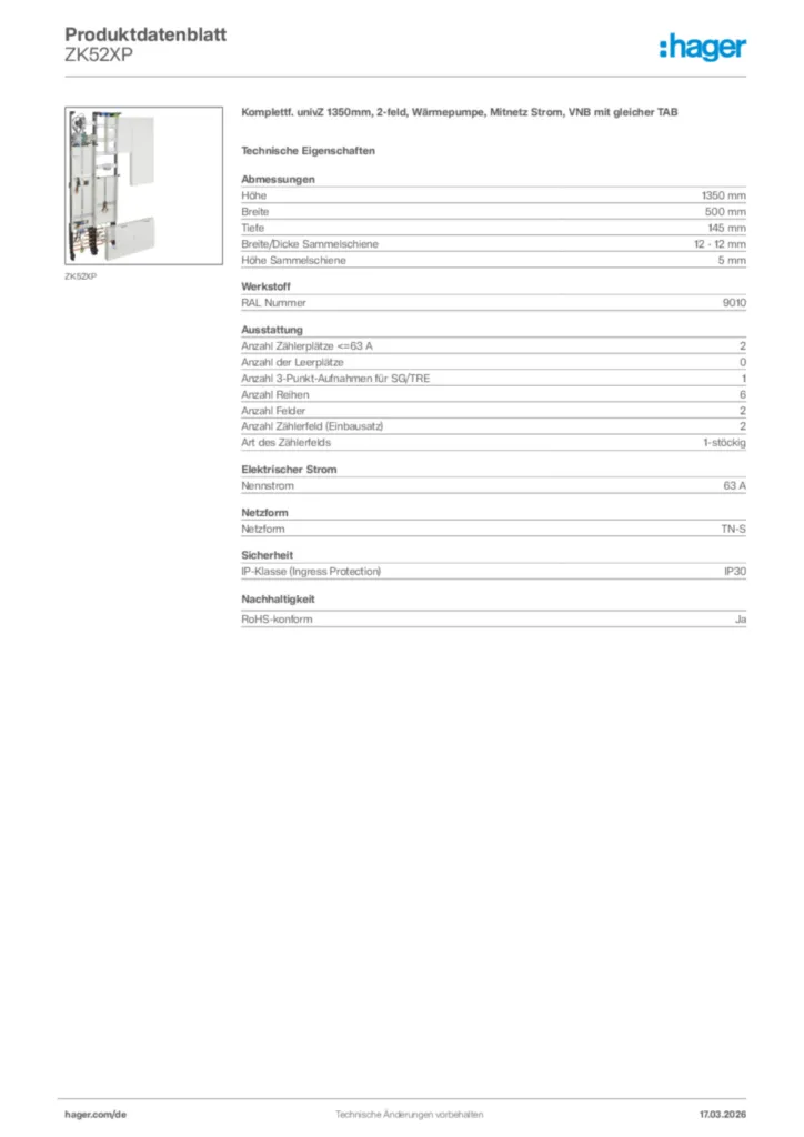 Bild Hager Produktdatenblatt ZK52XP | Hager Deutschland