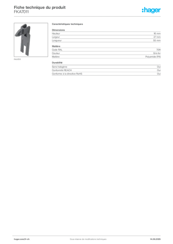 Image Hager Fiche technique du produit FKA7011 | Hager Suisse