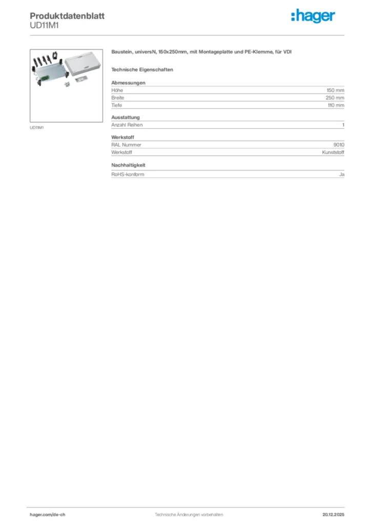 Bild Hager Produktdatenblatt UD11M1 | Hager Schweiz