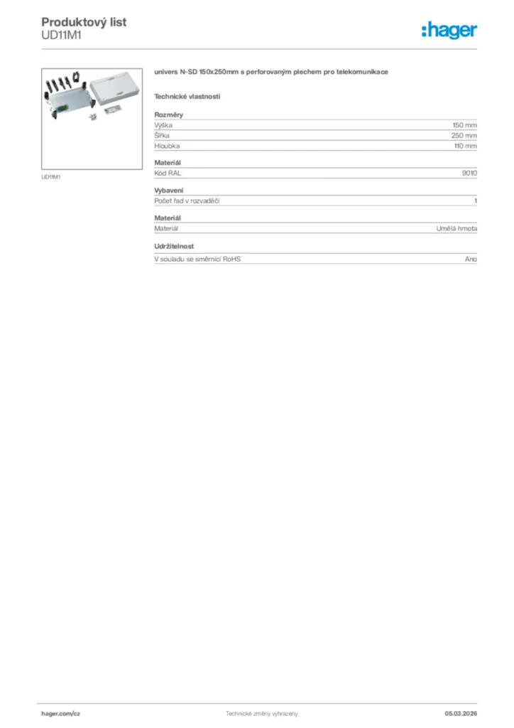 Obrázek Hager Product data sheet UD11M1 | Hager