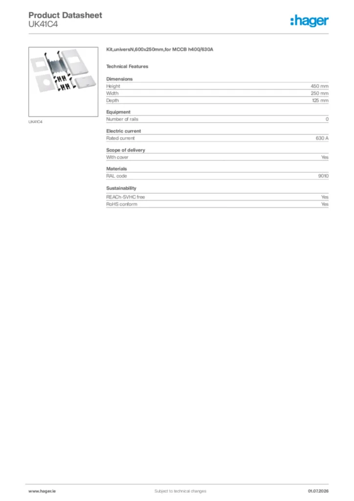 Image Hager Product data sheet UK41C4  | Hager