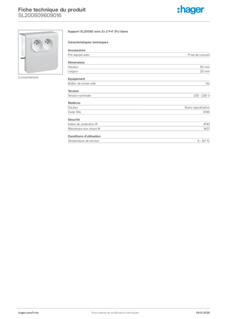 Image Hager Fiche technique du produit SL200809609016 | Hager Belgique