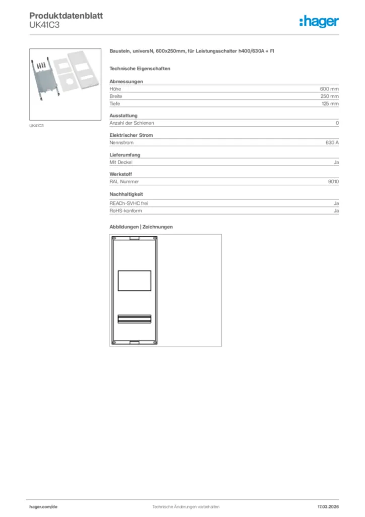 Bild Hager Produktdatenblatt UK41C3 | Hager Deutschland