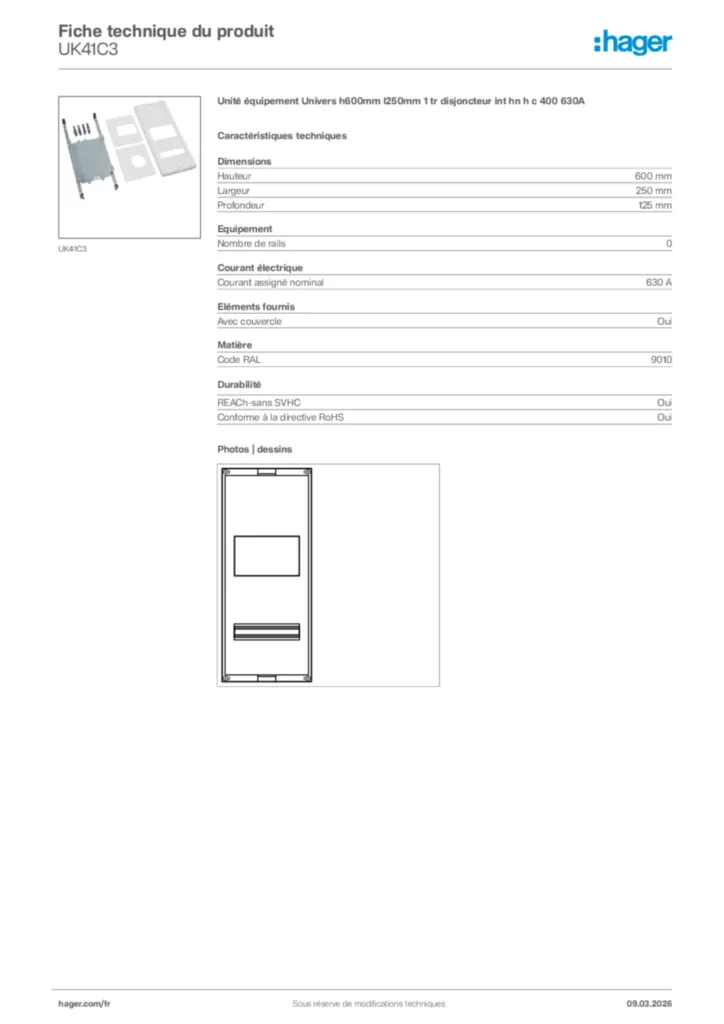 Image Hager Fiche technique du produit UK41C3 | Hager France
