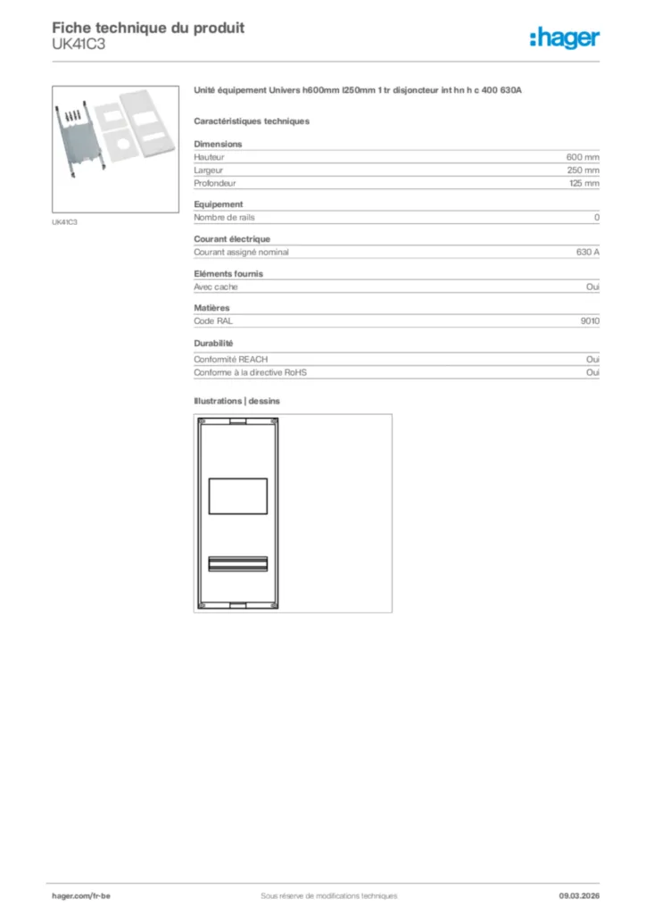 Image Hager Fiche technique du produit UK41C3 | Hager Belgique