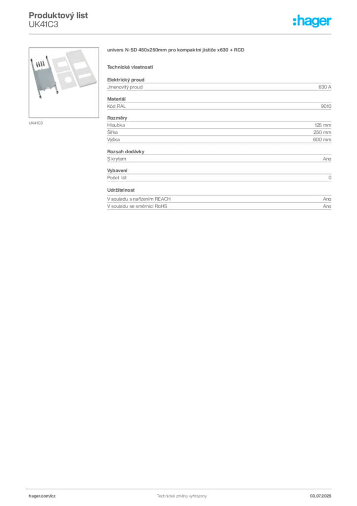 Obrázek Hager Produktový list UK41C3 | Hager