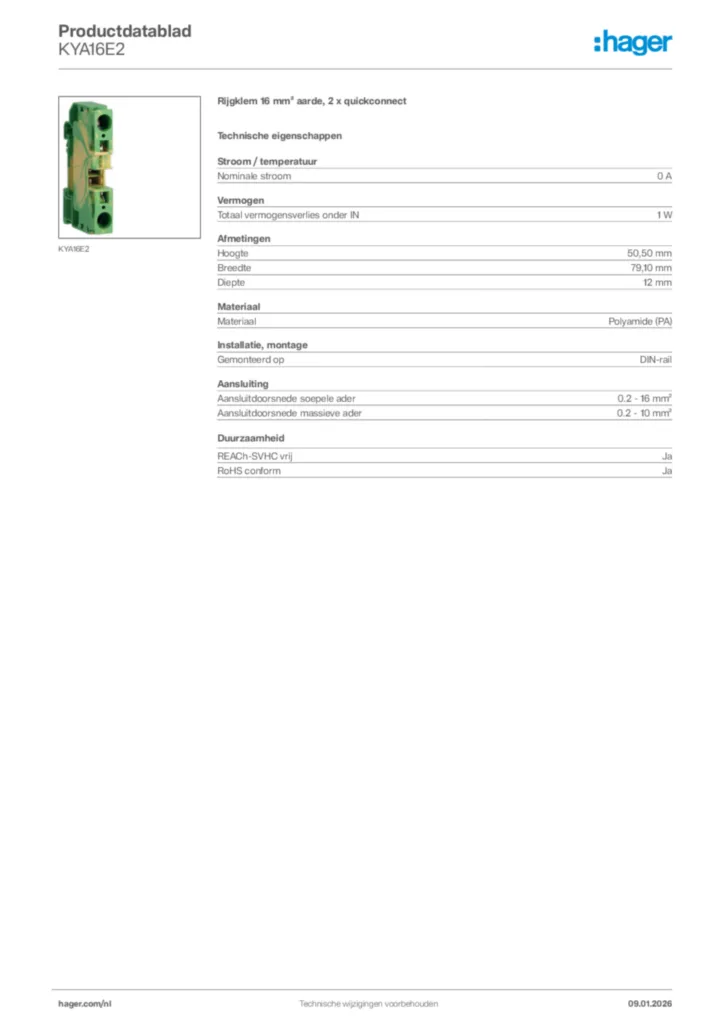 Afbeelding Hager Productdatablad KYA16E2 | Hager Nederland