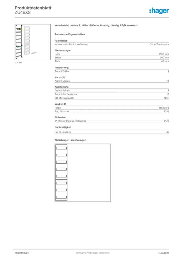 Bild Hager Produktdatenblatt ZU48XS | Hager Deutschland