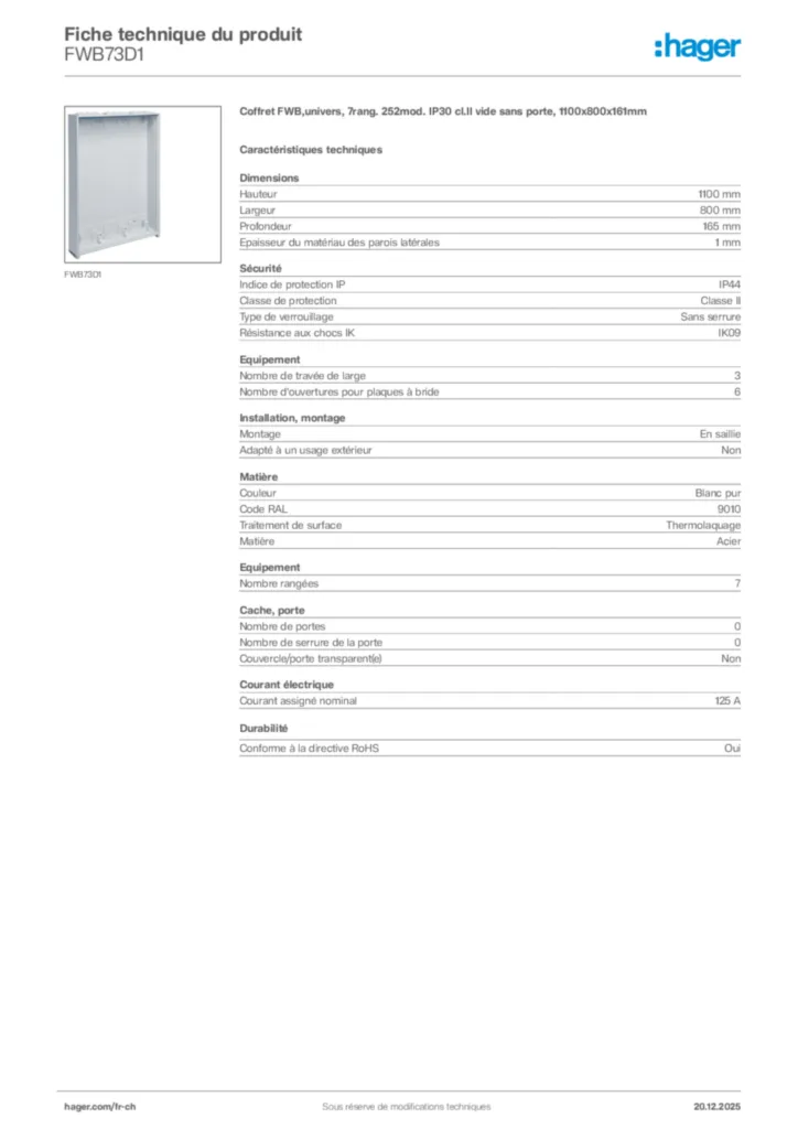 Image Hager Fiche technique du produit FWB73D1 | Hager Suisse
