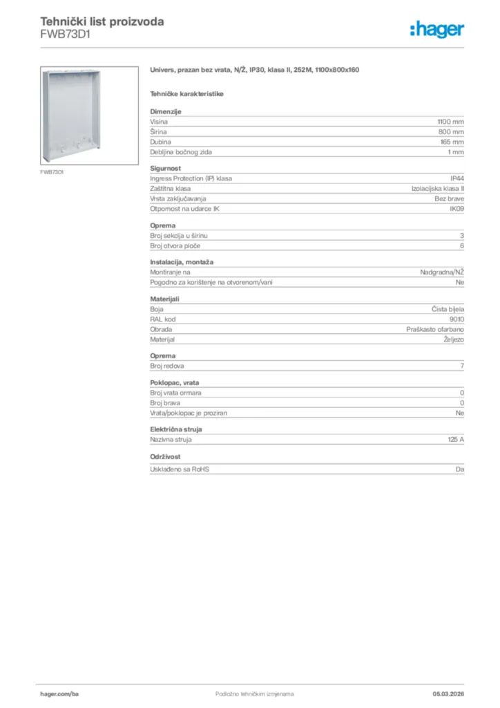 Slika Hager Tehnički list proizvoda FWB73D1  | Hager