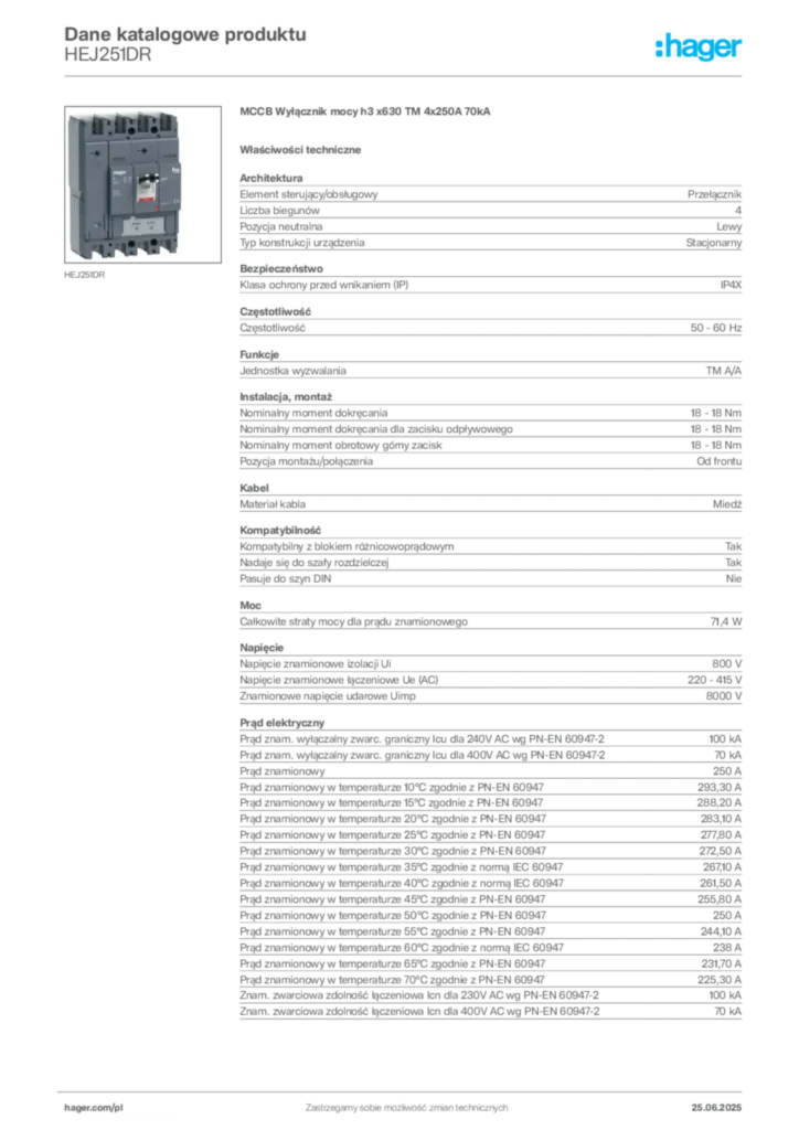 Zdjęcie Hager Karta katalogowa HEJ251DR | Hager Polska