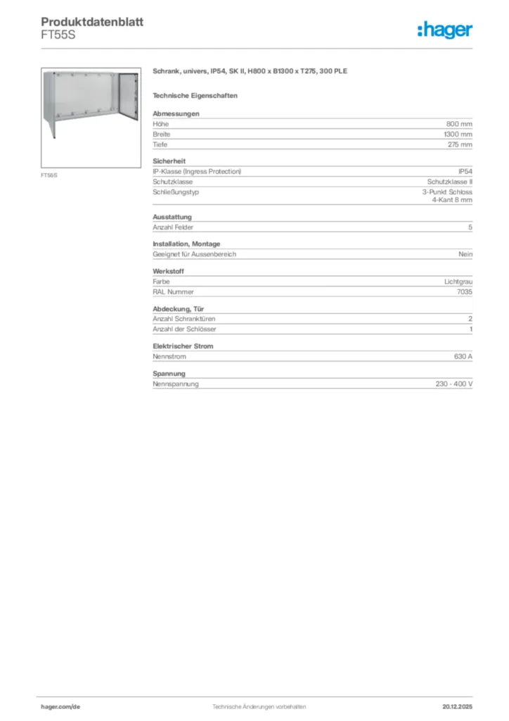 Bild Hager Produktdatenblatt FT55S | Hager Deutschland