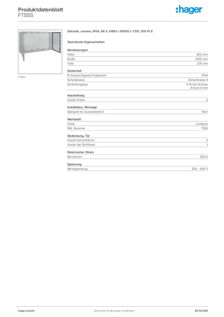 Bild Hager Produktdatenblatt FT55S | Hager Deutschland